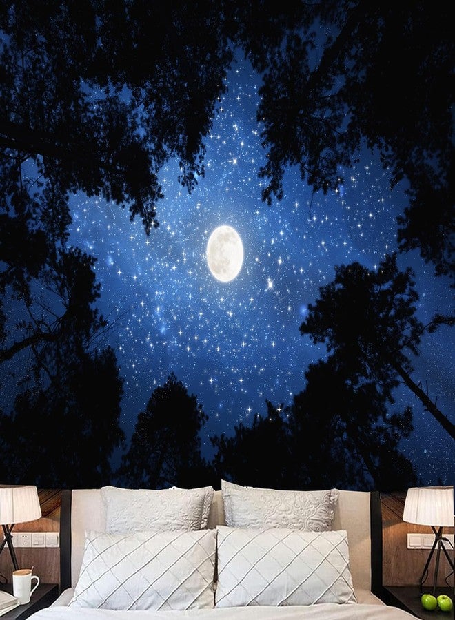 TUGCAY Forest Galaxy Starry Tapestry Blue Space Night Sky Stars Moon Ceiling Tapestry Nature Trees Tapestries Aesthetic Wall Hanging for Bedroom Dorm Living Room Office Decor 60x50 Inch - Image 1